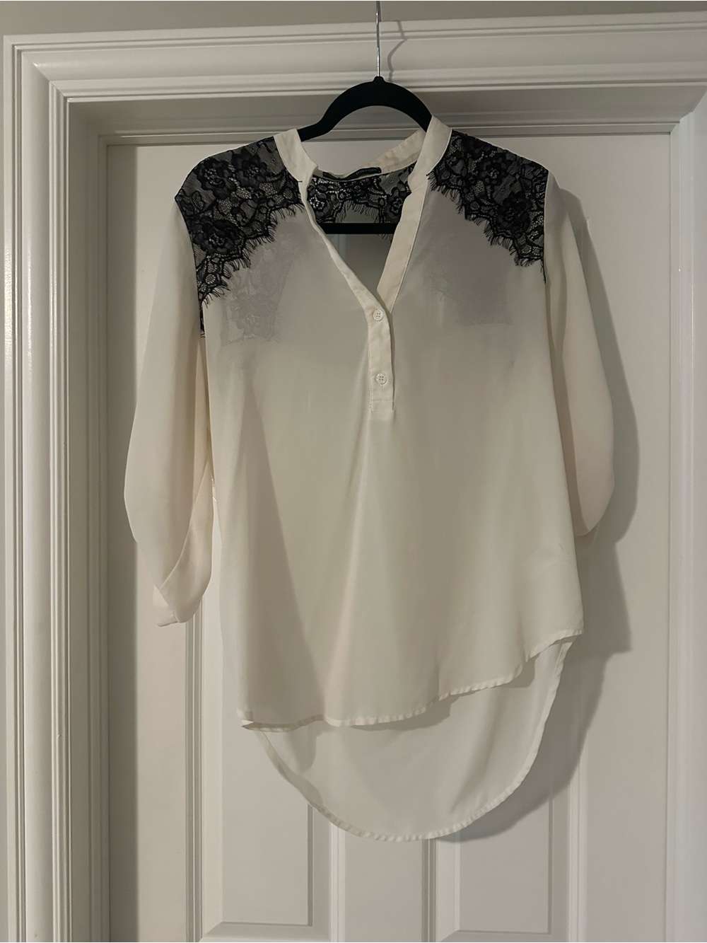 Maurices Cream Blouse with Black Lace Shoulders